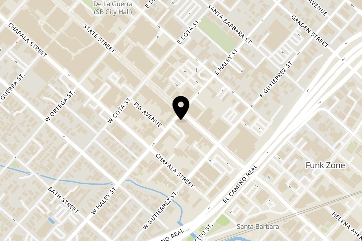 Map showing the location of Uncle Roccos Famous NY Pizza on 437 State St in Santa Barbara